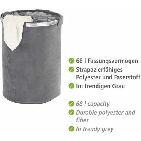 WENKO Panier à Linge Cordoba, Panier à Linge Sale Avec Cordon Fermeture, Capacité 68 Litres, Polyester - Aluminium, Ø 40x54 Cm, Gris 5 WENKO Panier à Linge Cordoba, Panier à Linge Sale Avec Cordon Fermeture, Capacité 68 Litres, Polyester - Aluminium, Ø 40x54 Cm, Gris – Image 3