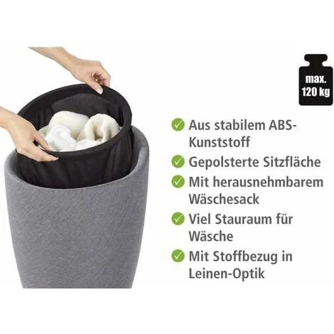 WENKO Tabouret Panier à Linge, Coffre à Linge Et Tabouret Salle De Bain Candy, Coussin Amovible, Aspect Lin, 20 Litres, Plastique, Ø 36x50,5 Cm, Gris - Gris 4 WENKO Tabouret Panier à Linge, Coffre à Linge Et Tabouret Salle De Bain Candy, Coussin Amovible, Aspect Lin, 20 Litres, Plastique, Ø 36x50,5 Cm, Gris - Gris – Image 2