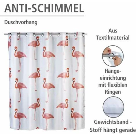 WENKO Rideau De Douche Antimoisissure Flamant Rose Comfort Flex, Rideau De Douche Original, Lavable En Machine Et Waterproof, 10 Anneaux Rideau De Douche Intégrés, Polyester, 180x200 Cm, Blanc - Rose - Multicolore 4 WENKO Rideau De Douche Antimoisissure Flamant Rose Comfort Flex, Rideau De Douche Original, Lavable En Machine Et Waterproof, 10 Anneaux Rideau De Douche Intégrés, Polyester, 180x200 Cm, Blanc - Rose - Multicolore – Image 2