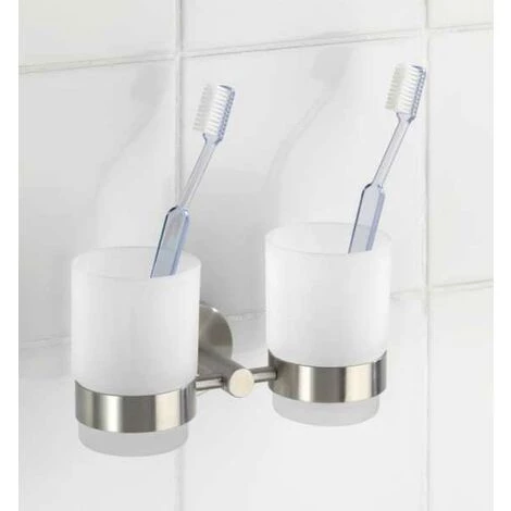 WENKO Porte Brosse à Dent Mural, Gobelet Salle De Bain Double, Duo Bosio, Verre - Fixation Acier Inox, 17,5x9,5x9 Cm, Mat - Mat 4 WENKO Porte Brosse à Dent Mural, Gobelet Salle De Bain Double, Duo Bosio, Verre - Fixation Acier Inox, 17,5x9,5x9 Cm, Mat - Mat – Image 2