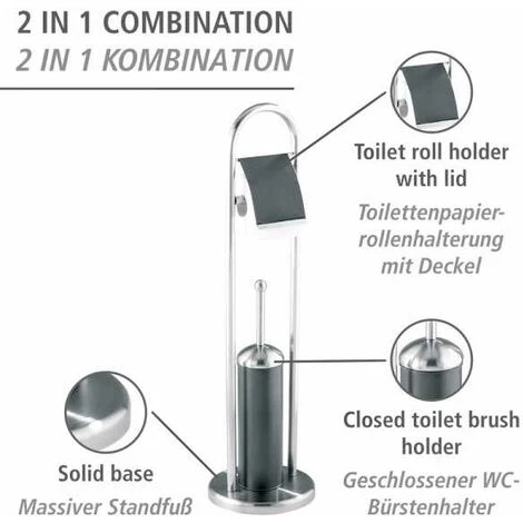 WENKO Combiné WC 2en1 Brosse WC Et Dérouleur Papier Toilette, Adrano, Acier Inox Verni, Ø 22x80 Cm, Chromé 4 WENKO Combiné WC 2en1 Brosse WC Et Dérouleur Papier Toilette, Adrano, Acier Inox Verni, Ø 22x80 Cm, Chromé – Image 2