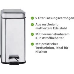 WENKO Petite Poubelle Salle De Bain, Poubelle à Pédale 5L, Square, Acier Inox, 14x29,5x28 Cm, Aspect Mat 7 WENKO Petite Poubelle Salle De Bain, Poubelle à Pédale 5L, Square, Acier Inox, 14x29,5x28 Cm, Aspect Mat -WENKO Soldes 6580339 2