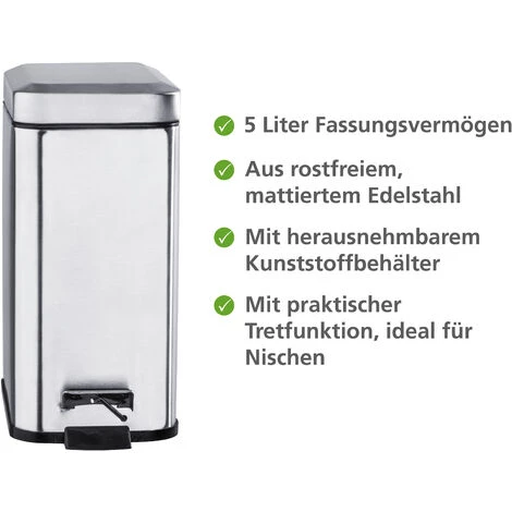 WENKO Petite Poubelle Salle De Bain, Poubelle à Pédale 5L, Square, Acier Inox, 14x29,5x28 Cm, Aspect Mat 4 WENKO Petite Poubelle Salle De Bain, Poubelle à Pédale 5L, Square, Acier Inox, 14x29,5x28 Cm, Aspect Mat – Image 2