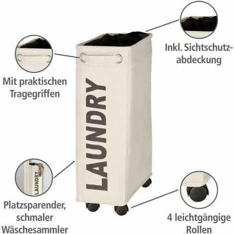 WENKO Panier à Linge étroit "Laundry", Panier Linge Roulettes, Corno, Capacité 43 L, Polyester, 18.5x60x40 Cm, Beige 4 WENKO Panier à Linge étroit "Laundry", Panier Linge Roulettes, Corno, Capacité 43 L, Polyester, 18.5x60x40 Cm, Beige – Image 2