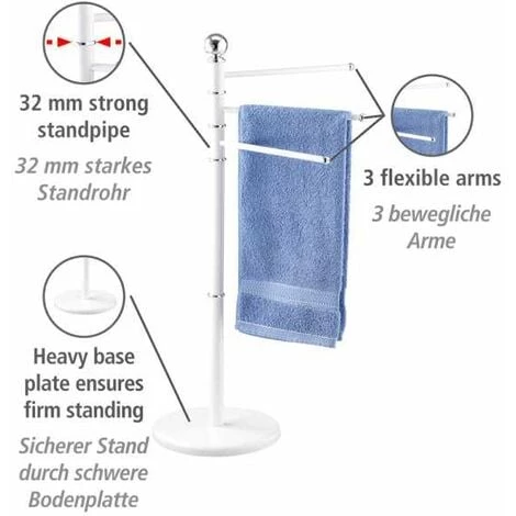 WENKO Porte Serviette Sur Pied, Porte Serviette Salle De Bain, 3 Portants, Exclusif, Acier, 48,5x90x28,5 Cm, Blanc - Blanc 4 WENKO Porte Serviette Sur Pied, Porte Serviette Salle De Bain, 3 Portants, Exclusif, Acier, 48,5x90x28,5 Cm, Blanc - Blanc – Image 2