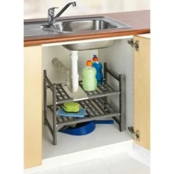 WENKO Rangement Sous évier Cuisine, Étagère Télescopique Flexi, 2 étagères De Rangement Supplémentaires, Réglable En Longueur, Plastique, 45-80x39x28 Cm, Gris - Aluminium -WENKO Soldes 6580475 3