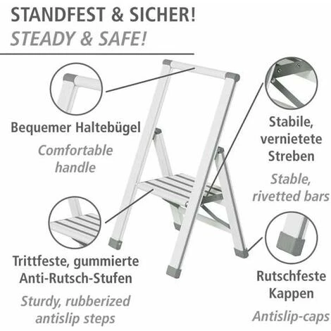 WENKO Escabeau 1 Marche, Escabeau Pliable Aluminium, Escabeau Design, Marches Antidérapantes, Aluminium, 44 X 74 X 5.5 Cm, Blanc 4 WENKO Escabeau 1 Marche, Escabeau Pliable Aluminium, Escabeau Design, Marches Antidérapantes, Aluminium, 44 X 74 X 5.5 Cm, Blanc – Image 2