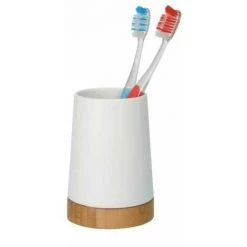 WENKO Porte Brosse à Dent, Gobelet Salle De Bain, Bamboo, Céramique - Bambou, Ø 8,5x11,6 Cm, Blanc - Marron - Blanc -WENKO Soldes 6580550 2