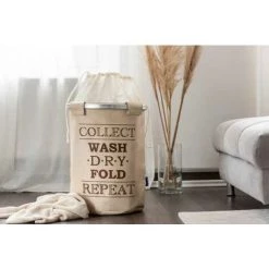 WENKO Bac à Linge Ringo, Panier à Linge Sale, Capacité 68L, Polyester, Ø 40 X 54 Cm, Beige -WENKO Soldes 6580563 5