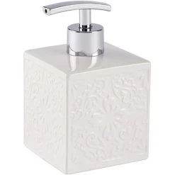 WENKO Distributeur Savon Liquide, Cordoba, Capacité 500 Ml, Céramique à Relief, 13x8,5x8,5 Cm, Blanc - Blanc