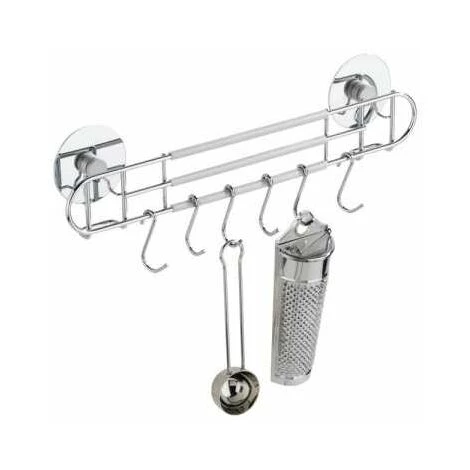 WENKO Barre Crédence Cuisine Sans Perçage, 6 Crochets De Suspension , Fixation Sans Perçage Turbo-Loc®, Métal, 31,5x9,5x5 Cm, Brillant - Argent Brillant 4 WENKO Barre Crédence Cuisine Sans Perçage, 6 Crochets De Suspension , Fixation Sans Perçage Turbo-Loc®, Métal, 31,5x9,5x5 Cm, Brillant - Argent Brillant – Image 2