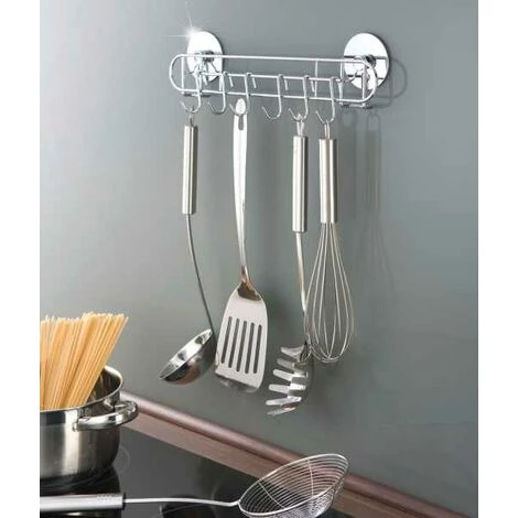 WENKO Barre Crédence Cuisine Sans Perçage, 6 Crochets De Suspension , Fixation Sans Perçage Turbo-Loc®, Métal, 31,5x9,5x5 Cm, Brillant - Argent Brillant 6 WENKO Barre Crédence Cuisine Sans Perçage, 6 Crochets De Suspension , Fixation Sans Perçage Turbo-Loc®, Métal, 31,5x9,5x5 Cm, Brillant - Argent Brillant – Image 4