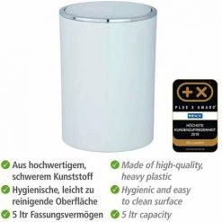 WENKO Petite Poubelle Salle De Bain, Poubelle à Couvercle, 5L, Inca, Plastique Haut De Gamme, Ø 18,5x25,5 Cm, Blanc 9 WENKO Petite Poubelle Salle De Bain, Poubelle à Couvercle, 5L, Inca, Plastique Haut De Gamme, Ø 18,5x25,5 Cm, Blanc -WENKO Soldes 6580700 3