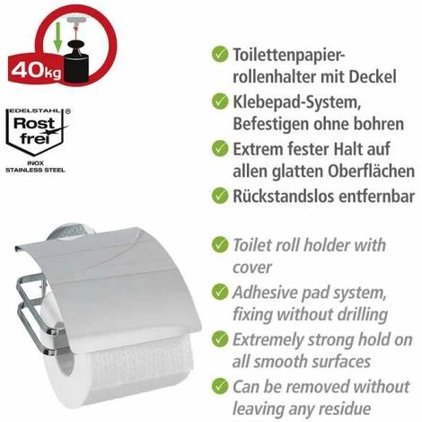 WENKO Dérouleur Papier Toilette Mural Avec Couvercle Turbo-Loc® Fixation Sans Perçage, Acier Inox, 12x9,5x13 Cm, Brillant - Brillant 5 WENKO Dérouleur Papier Toilette Mural Avec Couvercle Turbo-Loc® Fixation Sans Perçage, Acier Inox, 12x9,5x13 Cm, Brillant - Brillant – Image 3