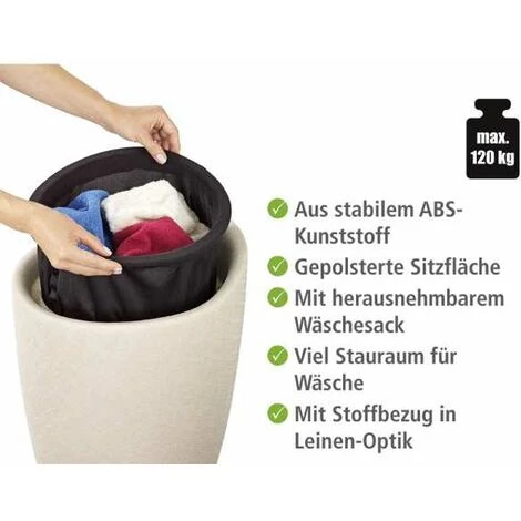 WENKO Tabouret Panier à Linge, Coffre à Linge Et Tabouret Salle De Bain Candy, Coussin Amovible, Aspect Lin, 20 Litres, Plastique, Ø 36x50,5 Cm, Beige - Beige 4 WENKO Tabouret Panier à Linge, Coffre à Linge Et Tabouret Salle De Bain Candy, Coussin Amovible, Aspect Lin, 20 Litres, Plastique, Ø 36x50,5 Cm, Beige - Beige – Image 2