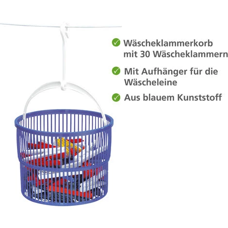WENKO Panier Pince à Linge Avec 30 Pinces à Linge, Panier Pince à Linge à Suspendre, Polypropylène, Ø 19x9 Cm, Bleu - Blanc - Bleu 4 WENKO Panier Pince à Linge Avec 30 Pinces à Linge, Panier Pince à Linge à Suspendre, Polypropylène, Ø 19x9 Cm, Bleu - Blanc - Bleu – Image 2