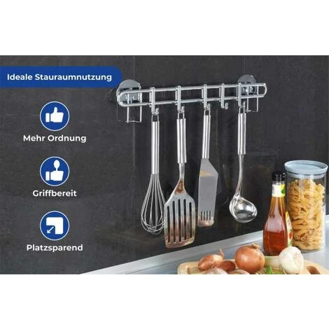 WENKO Barre De Crédence Cuisine Style Porte Ustensiles De Cuisine Mural Avec 5 Crochets En Acier Inox, Métal, 40x6,5x3 Cm, Argent - Argent Brillant 6 WENKO Barre De Crédence Cuisine Style Porte Ustensiles De Cuisine Mural Avec 5 Crochets En Acier Inox, Métal, 40x6,5x3 Cm, Argent - Argent Brillant – Image 4