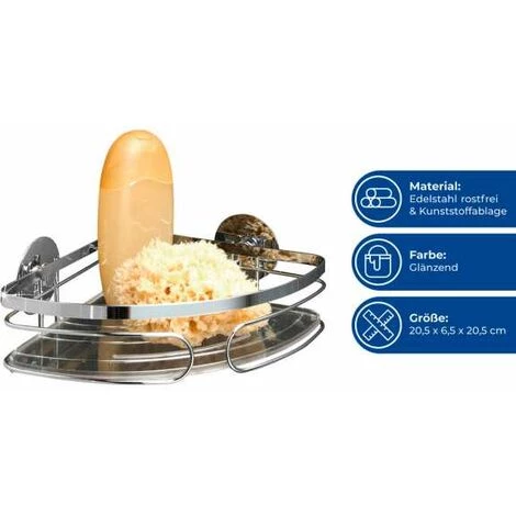 WENKO Etagère D'angle De Douche Classic, Panier De Douche D'angle, Fixation Murale Sans Perçage Turbo Fix, Acier Inox, 26,5x6x19,5 Cm, Brillant - Brillant 5 WENKO Etagère D'angle De Douche Classic, Panier De Douche D'angle, Fixation Murale Sans Perçage Turbo Fix, Acier Inox, 26,5x6x19,5 Cm, Brillant - Brillant – Image 3