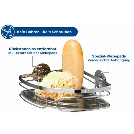 WENKO Etagère D'angle De Douche Classic, Panier De Douche D'angle, Fixation Murale Sans Perçage Turbo Fix, Acier Inox, 26,5x6x19,5 Cm, Brillant - Brillant 7 WENKO Etagère D'angle De Douche Classic, Panier De Douche D'angle, Fixation Murale Sans Perçage Turbo Fix, Acier Inox, 26,5x6x19,5 Cm, Brillant - Brillant – Image 5