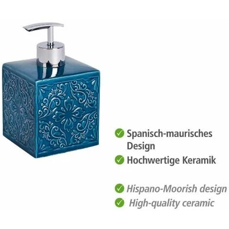 WENKO Distributeur Savon Liquide, Cordoba, Capacité 500 Ml, Céramique à Relief, 13x8,5x8,5 Cm, Bleu Foncé - Bleu 4 WENKO Distributeur Savon Liquide, Cordoba, Capacité 500 Ml, Céramique à Relief, 13x8,5x8,5 Cm, Bleu Foncé - Bleu – Image 2