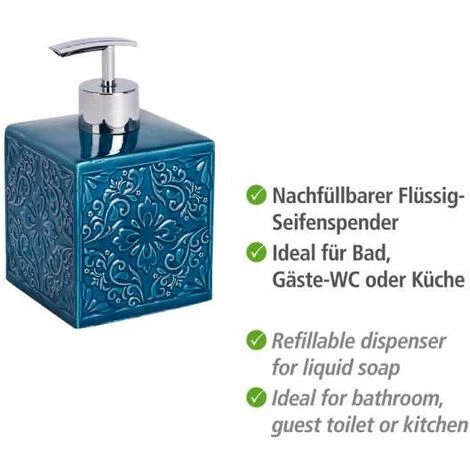 WENKO Distributeur Savon Liquide, Cordoba, Capacité 500 Ml, Céramique à Relief, 13x8,5x8,5 Cm, Bleu Foncé - Bleu 5 WENKO Distributeur Savon Liquide, Cordoba, Capacité 500 Ml, Céramique à Relief, 13x8,5x8,5 Cm, Bleu Foncé - Bleu – Image 3