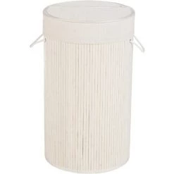 WENKO Panier à Linge Bamboo Rond Blanc 35 X 60 X 35 Cm