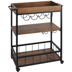 WENKO Desserte De Cuisine à Roulettes Avec Porte Bouteille Rustico - 3 Niveaux - 80 X 40 X 89,5 - Marron